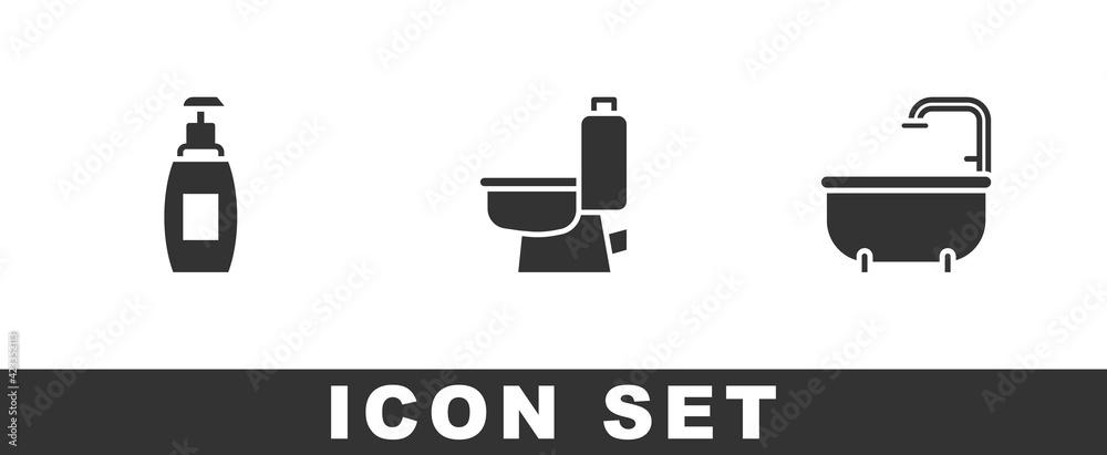 Set Bottle of liquid soap, Toilet bowl and Bathtub icon. Vector Set Bottle of liquid soap, Toilet bowl and Bathtub icon. Vector