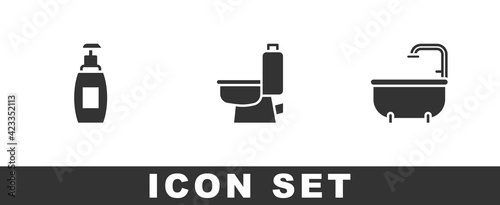 Set Bottle of liquid soap, Toilet bowl and Bathtub icon. Vector
