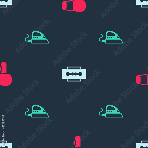 Set Hair dryer, Blade razor and Electric iron on seamless pattern. Vector