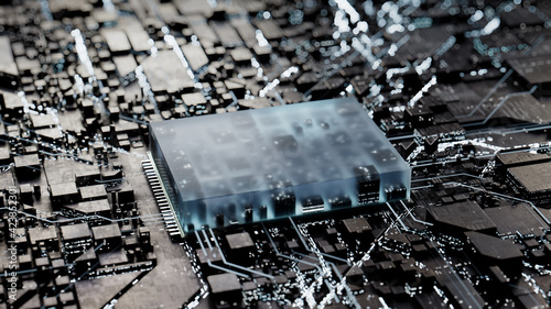 Advanced Technology Concept with Microchip. White Neon Data flows from the CPU across a Futuristic Motherboard. 3D render.