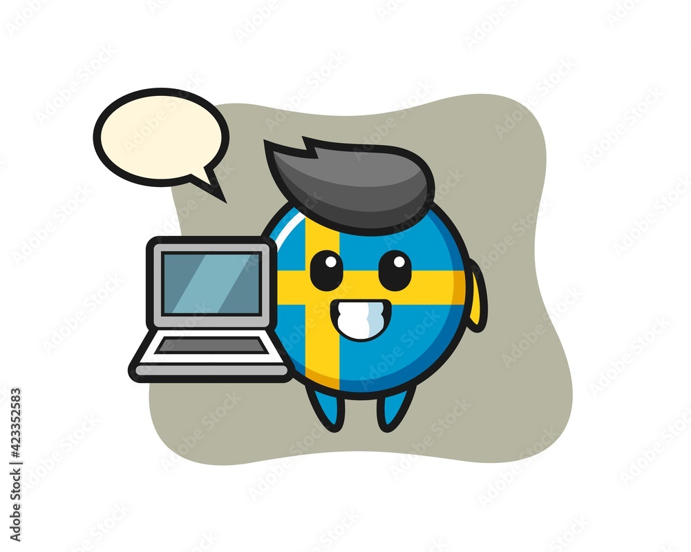 Mascot Illustration of sweden flag badge with a laptop