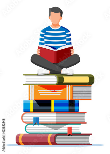 Young man sitting cross-legged and read book. Boy in lotus pose on stack of books. Creative job or studying, education. Prepares to exams. Student with textbook. Cartoon flat vector illustration