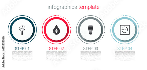 Set Wind turbine, Water energy, LED light bulb and Electrical outlet. Business infographic template. Vector
