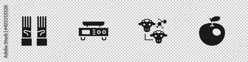 Set Medical rubber gloves, Electronic scales, Cloning and Genetically modified apple icon. Vector