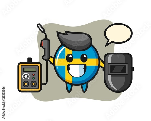 Character mascot of sweden flag badge as a welder