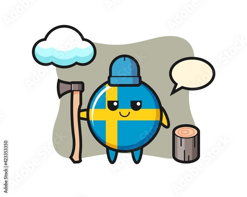 Character cartoon of sweden flag badge as a woodcutter
