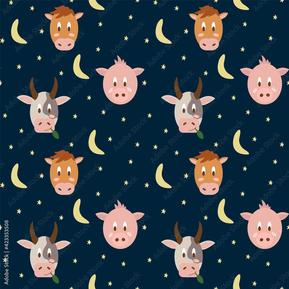 Vector pattern of farm animals in a circle of stars and the moon. Cute Cow, Horse and Pig portraits in cartoon style. Isolated background for children's textiles. Vector illustration