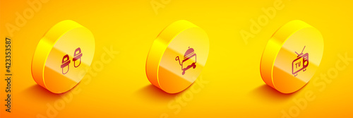 Set Isometric Hotel slippers, Covered with tray and Retro tv icon. Vector