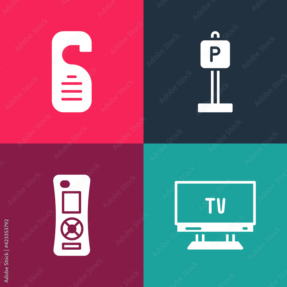 Set pop art Smart Tv, Remote control, Parking and Please do not disturb icon. Vector Set pop art Smart Tv, Remote control, Parking and Please do not disturb icon. Vector