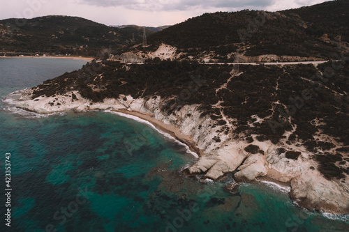 Top view aerial image from drone of an stunning beautiful sea landscape beach with turquoise water. Beautiful Sand beach with turquoise water,aerial drone shot. 'Foca' Izmir Turkey