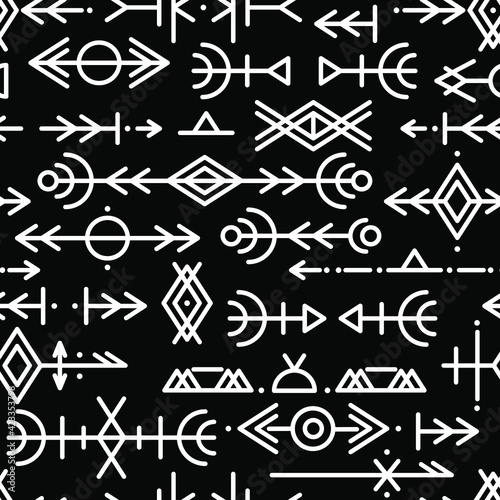 Ethnic Norwegian Icelandic seamless pattern. Runic talismans of the Vikings and northern peoples. Magic and magical runes. Pagan signs. Futhark repeatable background. Vector illusion. 