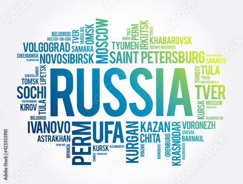 List of cities and towns in Russia, word cloud collage, business and travel concept background