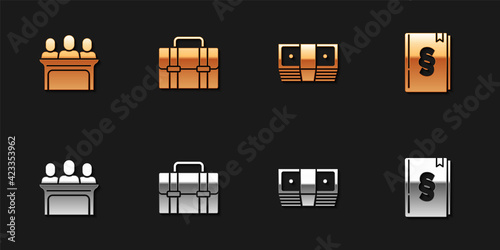 Set Jurors, Briefcase, Bribe money cash and Law book icon. Vector