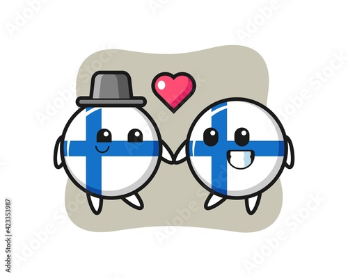 finland flag badge cartoon character couple with fall in love gesture