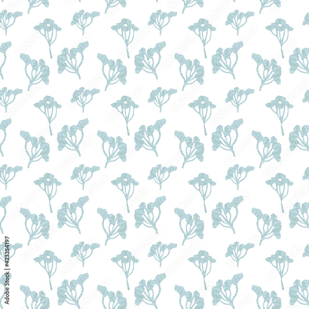Floral seamless pattern with blue grass. Hand drawn style. Nature illustration on white. Perfect for paper, textile, wrapping and decoration.