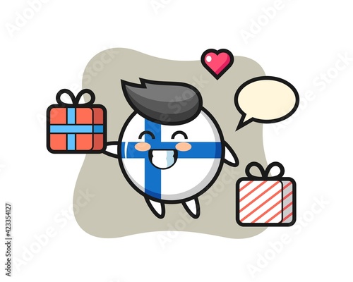 finland flag badge mascot cartoon giving the gift