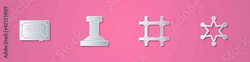 Set paper cut Certificate template, Stamp, Prison window and Hexagram sheriff icon. Paper art style. Vector