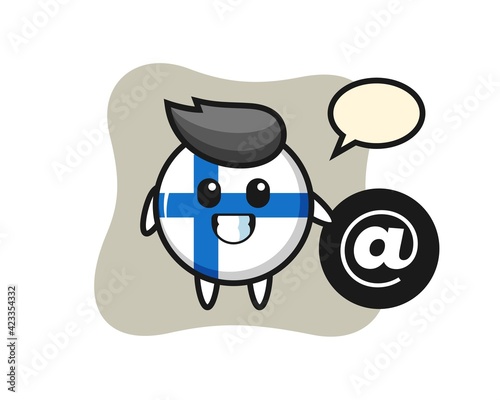 Cartoon Illustration of finland flag badge standing beside the At symbol