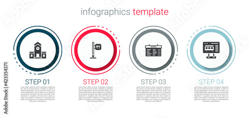 Set Railway station, Cafe and restaurant location, Train board and Ticket office to buy tickets. Business infographic template. Vector