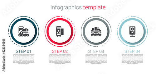 Set Vintage locomotive, Toilet the train car, Cargo wagon and Information stand. Business infographic template. Vector