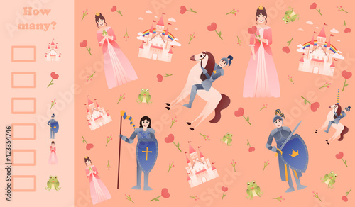 Difficult puzzle for kids, how many game with fairy tale characters - princesss and prince, armour in cartoon style