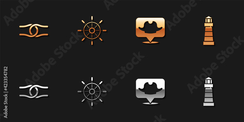 Set Rope tied in a knot, Ship steering wheel, Location pirate and Lighthouse icon. Vector