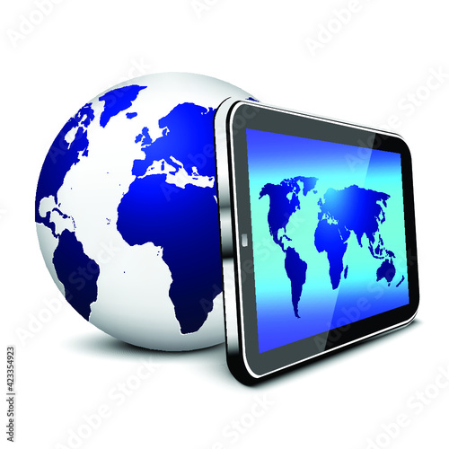 Tablet with blue globe on white background. Isolated 3D image