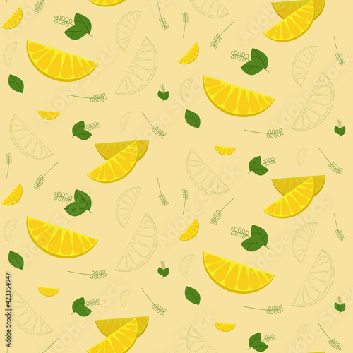 vector spring-summer pattern with citrus slices and basil leaves on a beige background