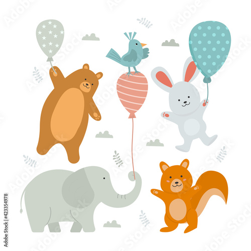 Happy set of Cute animal cartoon with baloon