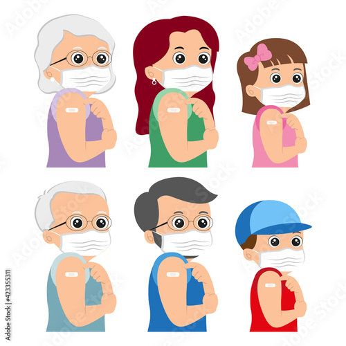 ﻿family in medical face mask and shows bandage after getting the vaccine