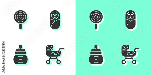 Set Baby stroller, Lollipop, bottle and Newborn baby infant swaddled icon. Vector
