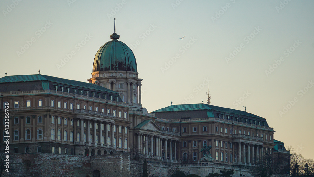 Low angle sunset view of Buda Castle in Budapest, Hungary