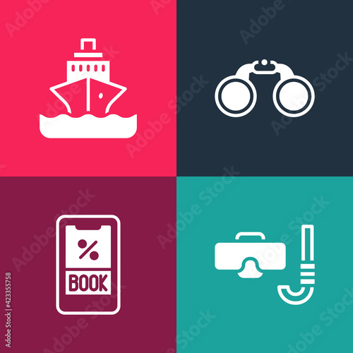 Set pop art Diving mask and snorkel, Cruise ticket, Binoculars and ship icon. Vector