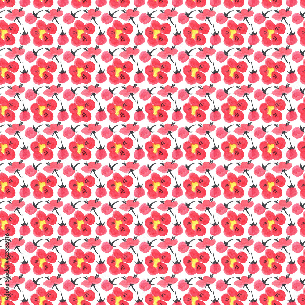 Seamless pattern of a sakura. Pink and red stylized flowers of plum mei and wild apricots. Watercolor and ink illustration in style sumi-e, u-sin. Oriental traditional painting. Seamless pattern of a sakura. Pink and red stylized flowers of plum mei and wild apricots. Watercolor and ink illustration in style sumi-e, u-sin. Oriental traditional painting.
