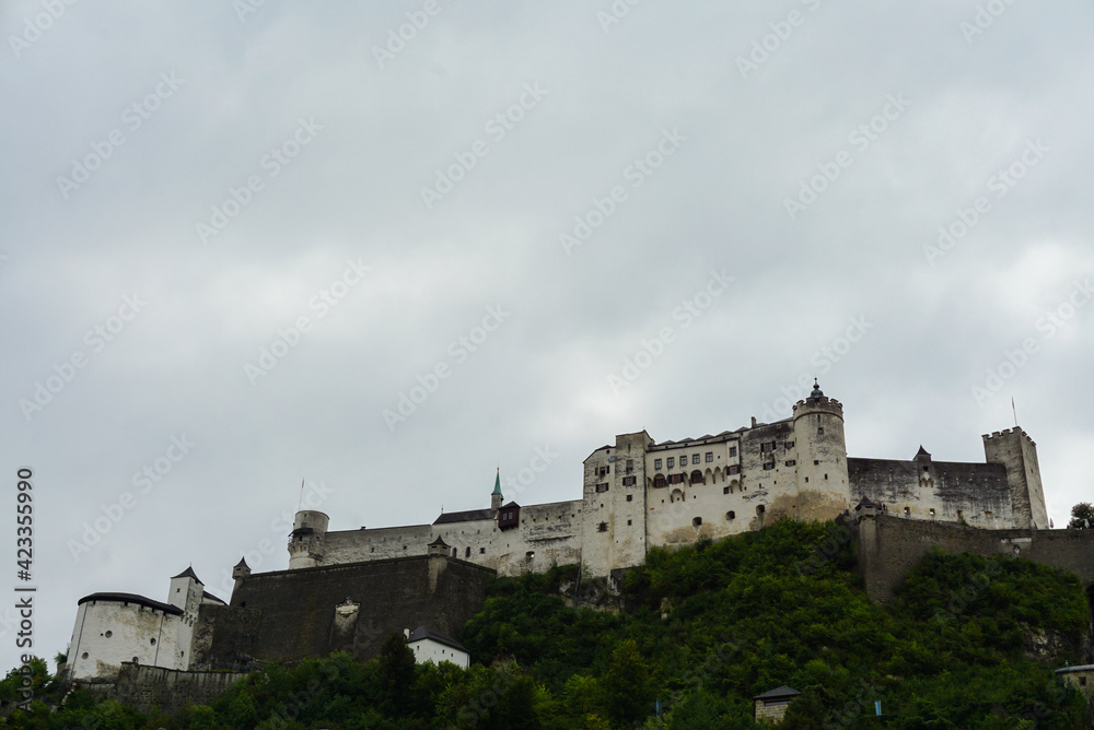Low angle view of Fortress Hohensalzburg in Salzburg, Austria