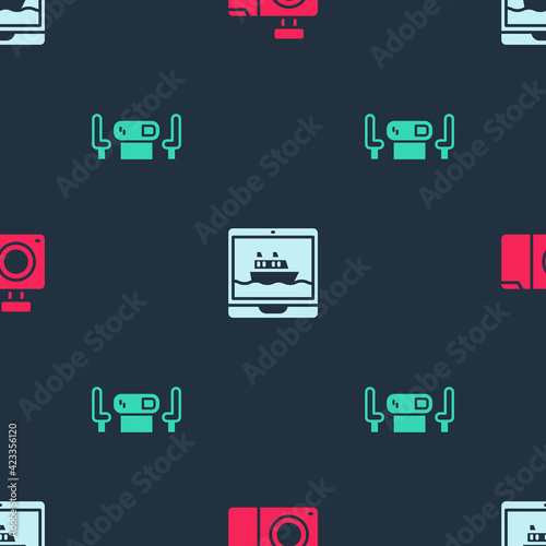 Set Photo camera, Cruise ship and Poker table on seamless pattern. Vector