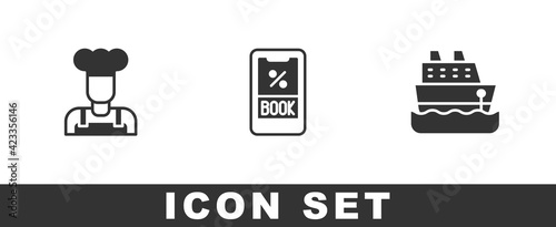 Set Cook, Cruise ticket and ship icon. Vector