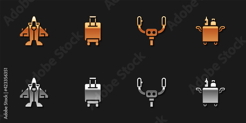 Set Jet fighter, Suitcase, Aircraft steering helm and Trolley for food icon. Vector