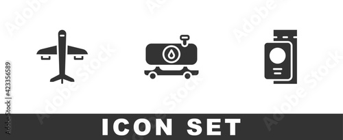 Set Plane, Fuel tanker truck and Passport with ticket icon. Vector