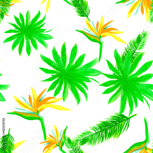 Organic Pattern Nature. Green Seamless Background. White Tropical Plant. Natural Isolated Foliage. Drawing Botanical. Decoration Leaf. Wallpaper Vintage. © Surendra