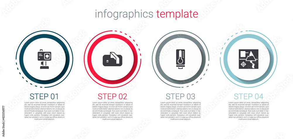Set Action camera, Ice hockey goal, Meteorology thermometer and Folded map. Business infographic template. Vector Set Action camera, Ice hockey goal, Meteorology thermometer and Folded map. Business infographic template. Vector