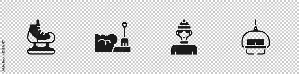 Set Skates, Shovel in snowdrift, Winter athlete and Ski lift icon. Vector Set Skates, Shovel in snowdrift, Winter athlete and Ski lift icon. Vector