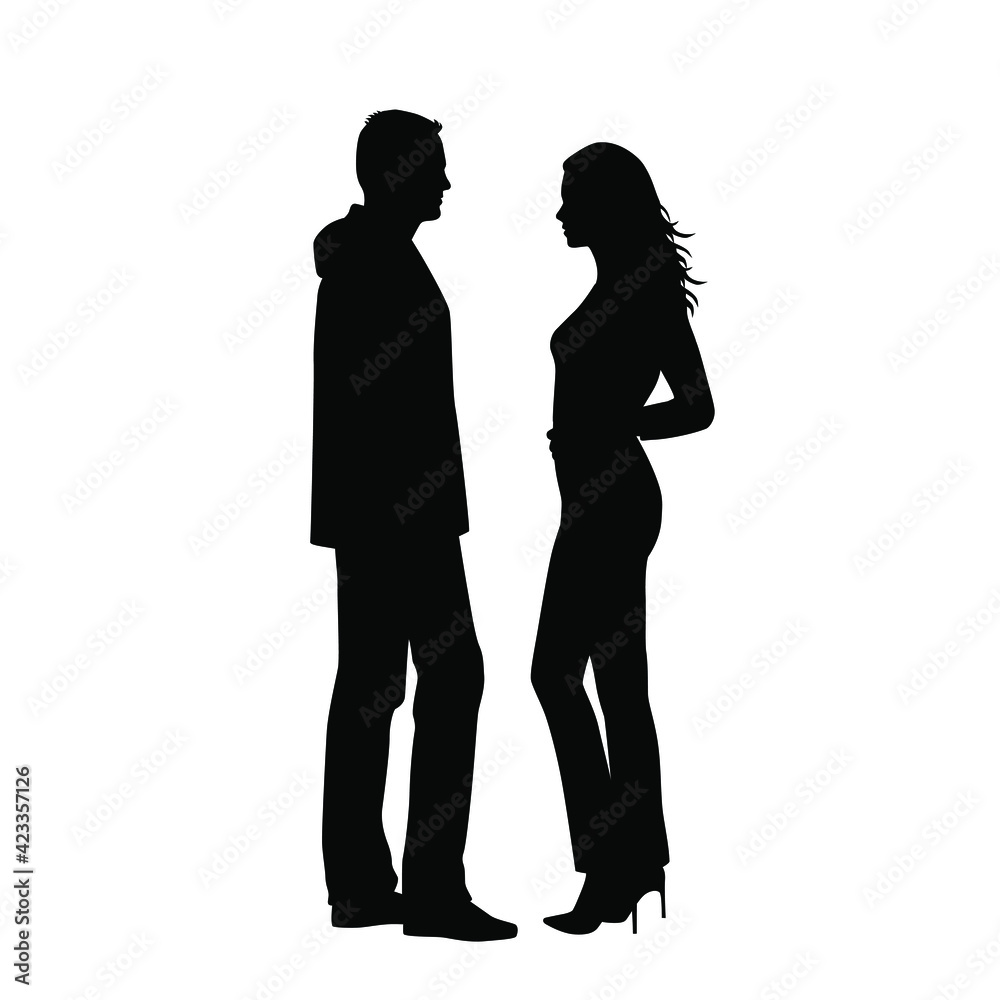 Vector silhouettes of  man and a woman, a couple of standing  business people, profile, black  color isolated on white background