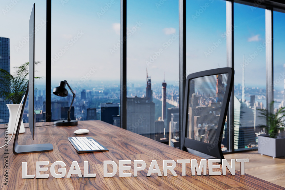legal department; office chair in front of modern workspace with computer and skyline view; lawyer concept; 3D Illustration - obrazy, fototapety, plakaty 
