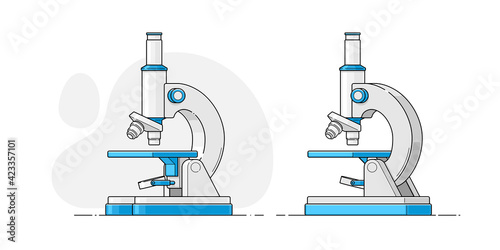 Different sides of microscope in flat style with outline on white background. Isolated vector illustration for medical design. Chemical laboratory research. Medical equipment