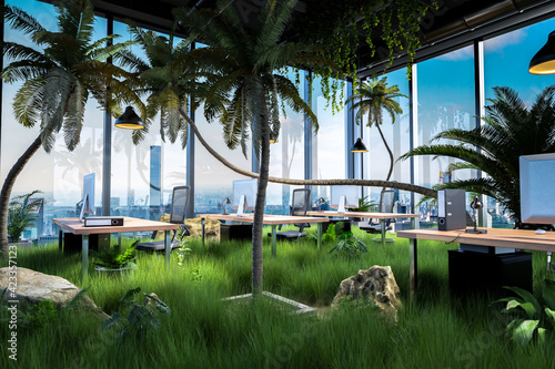 Fototapeta Naklejka Na Ścianę i Meble -  workplaces with computers in a modern loft open office overgrown by jungle rainforest plants; panoramic skyline city view; conceptual green sustainable company; 3D Illustration