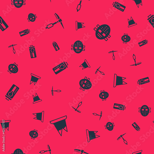 Set Mountains, Ice axe, Meteorology thermometer and Hockey mask on seamless pattern. Vector