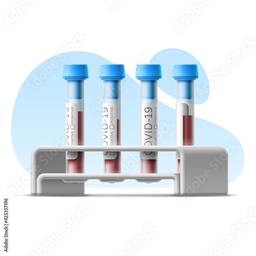Isolated realistic vector template of blood test tubes for coronavirus with rack. 3D cartoon illustration on the background of abstract shapes for medical design, infographics. Analysis beaker