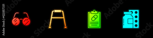 Set Eyeglasses, Walker, Medical prescription and Pills in blister pack icon. Vector