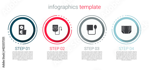 Set Pills in blister pack, IV bag, Blood pressure and Adult diaper. Business infographic template. Vector